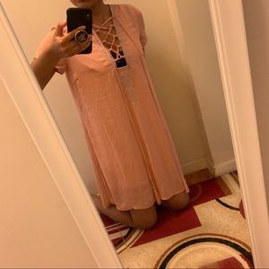 Pink square neck criss cross shift dress